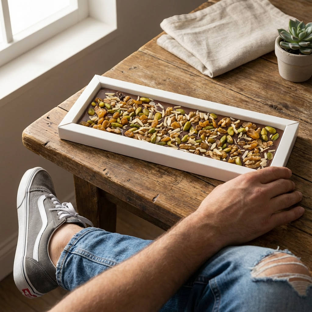 Fantasie melkchocoladereep 550 grs met stukjes walnoot, pistache, amandel en rozijnen