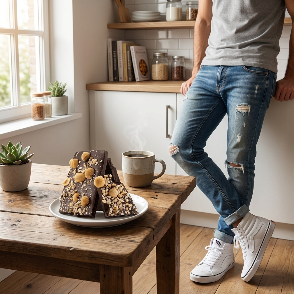 Gebroken repen pure chocolade met hazelnoot