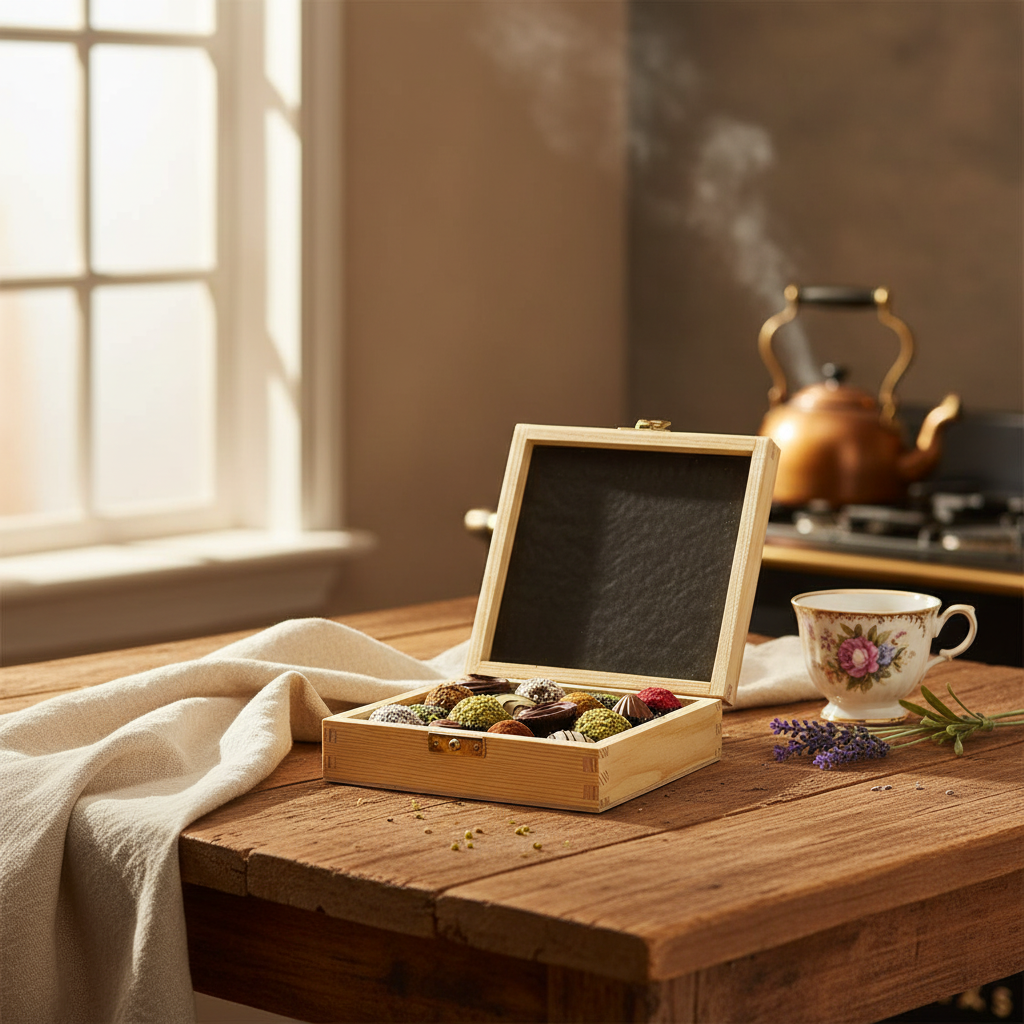 Houten geschenkdoos met 16 pralines en truffels