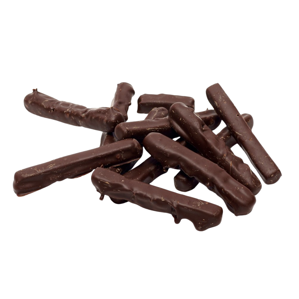 Gekonfijte sinaasappelschillen gedoopt in chocolade