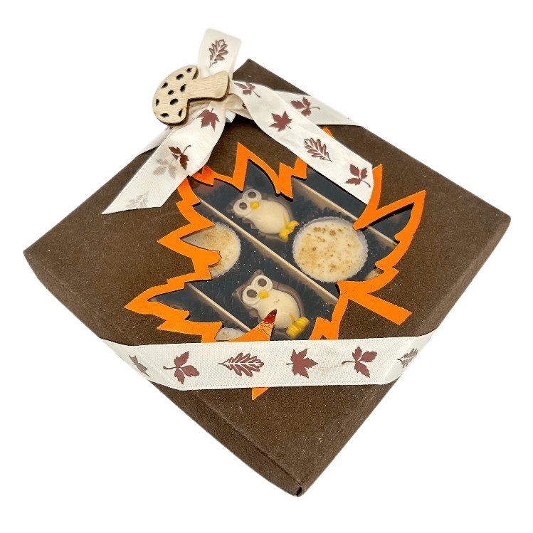 Mix van herfstpralines in een donkerbruine geschenkdoos