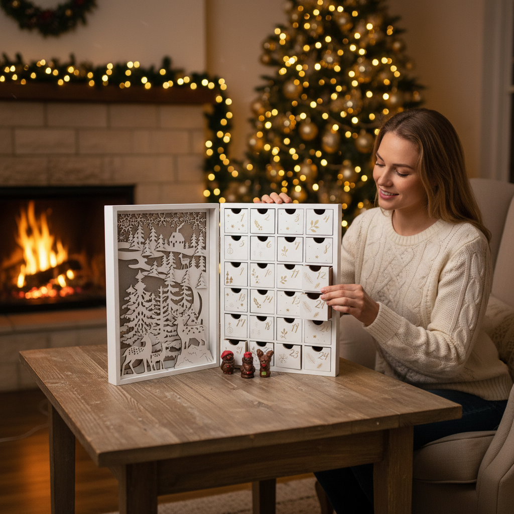 Houten verlichte adventskalender boek 24 figuurtjes