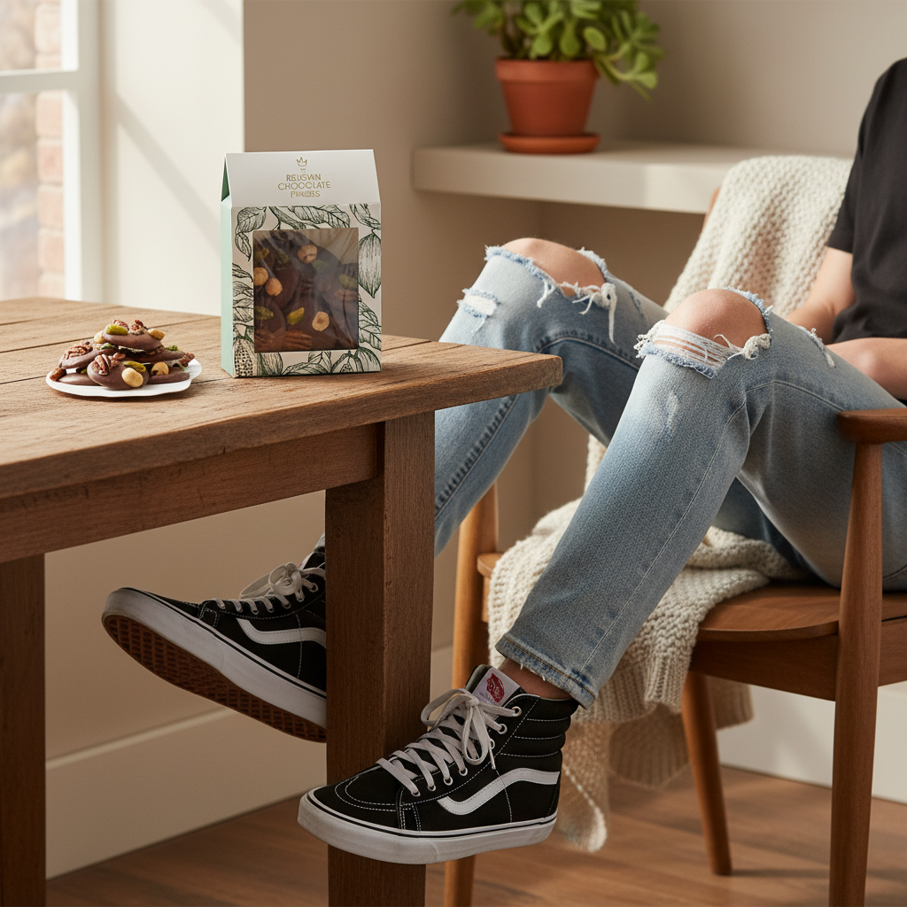 Mendiants van melkchocolade met stukjes pecannoot, pistache, rozijn en hazelnoot