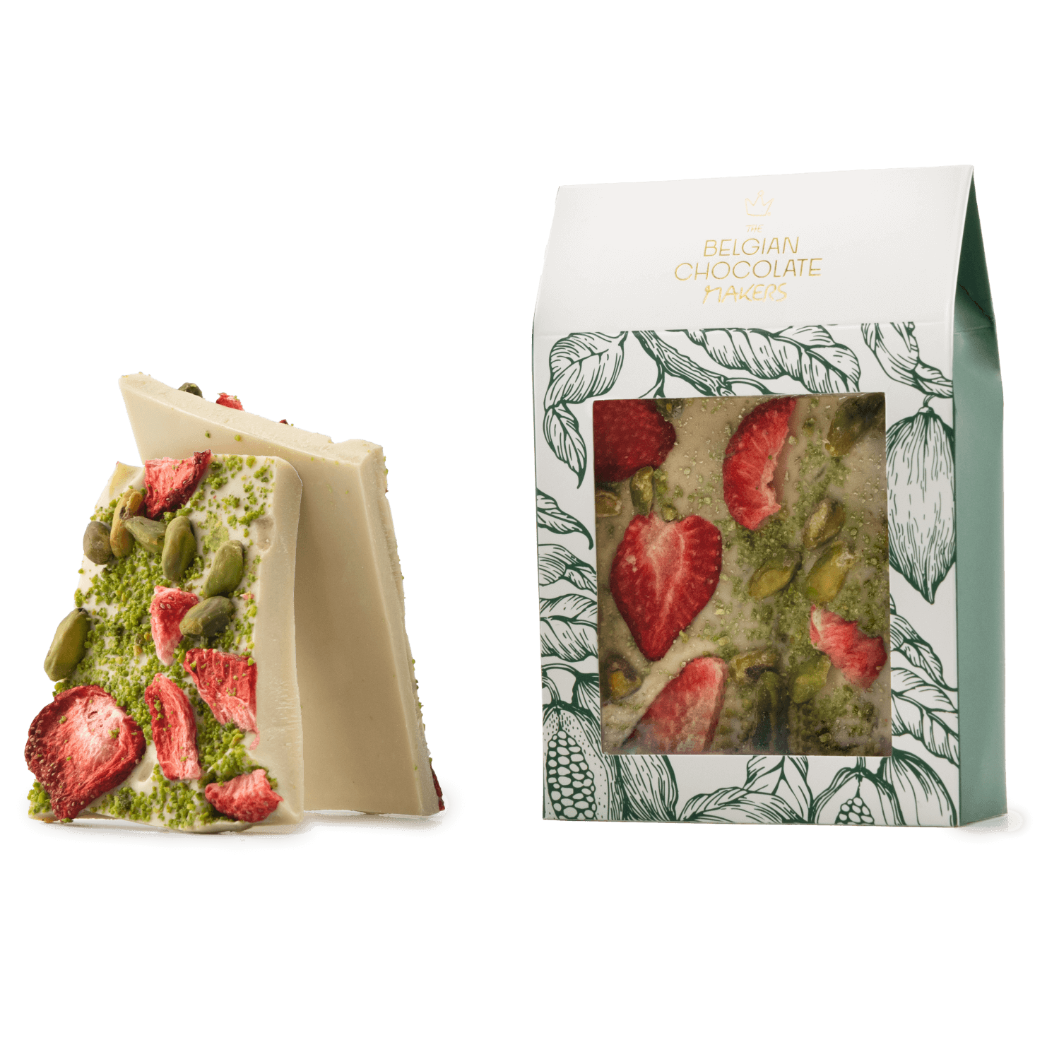 Gebroken witte chocoladerepen met aardbeien en pistachenoten