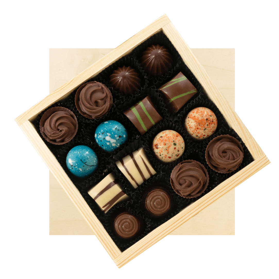 Houten geschenkdoos met 16 pralines