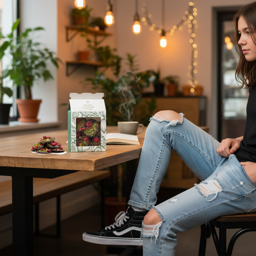 Mendiants van pure chocolade met stukjes framboos en pistache