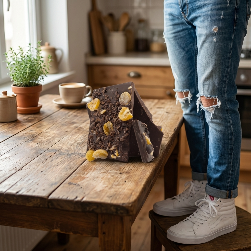 Gebroken repen pure chocolade met kumquat en cacaonibs