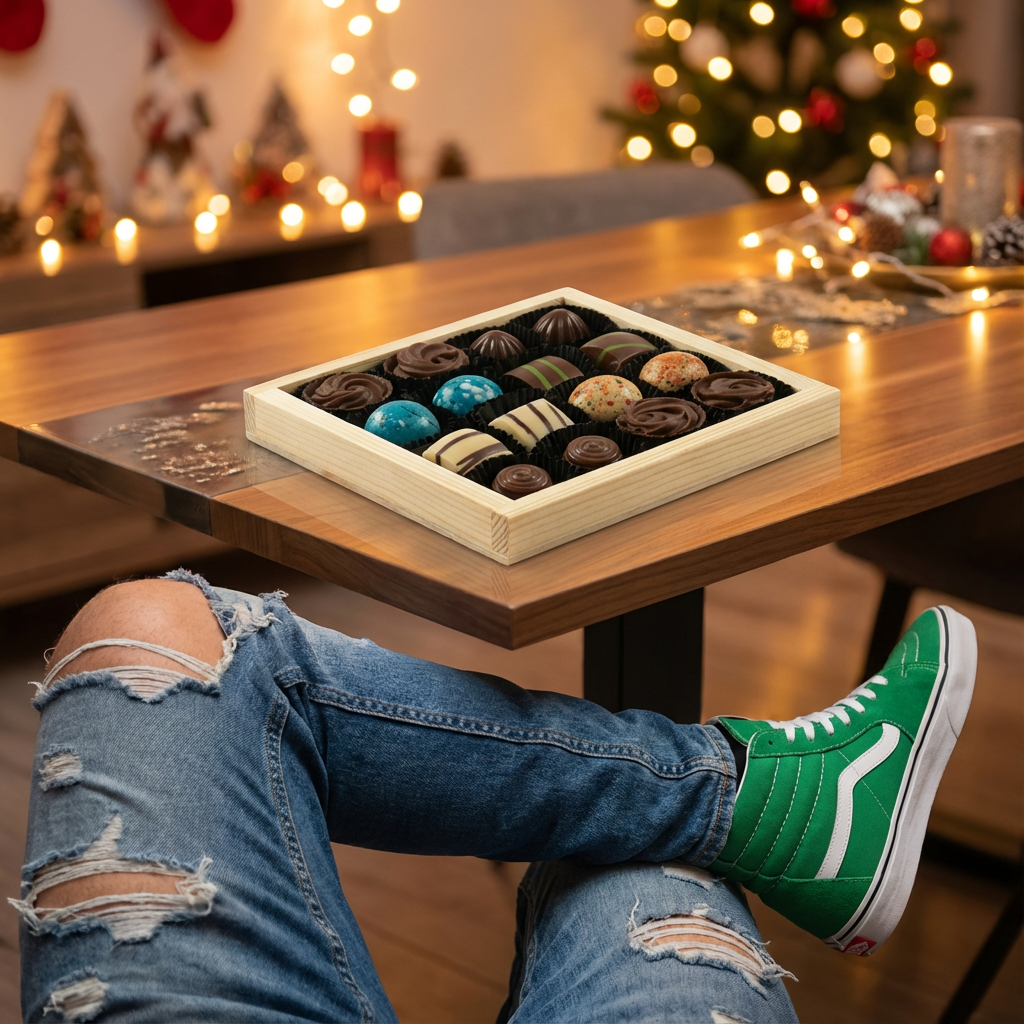 Houten geschenkdoos met 16 pralines