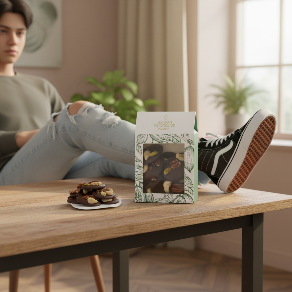 Mendiants van pure chocolade met stukjes cashew, pistache, rozijnen en pecannoten