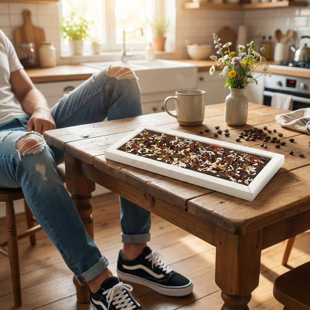 Fantasie pure chocoladereep 550 grs met stukjes pecannoot, gojibessen, citroen en amandel