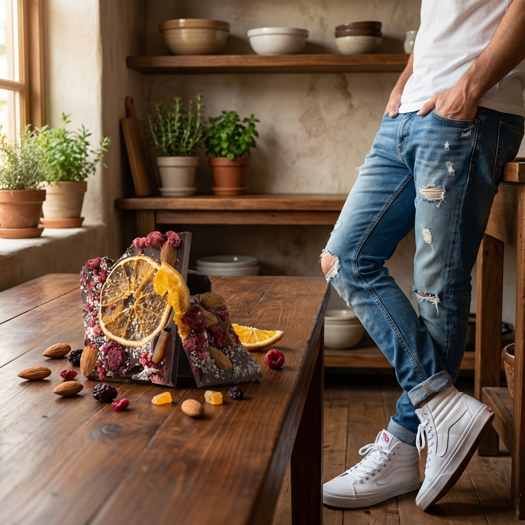 Gebroken repen pure chocolade met framboos, amandel en sinaasappel