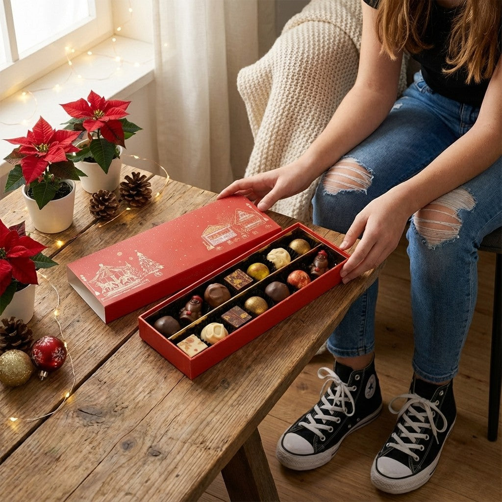 Kerstdorp doos 14 pralines en truffels 225g