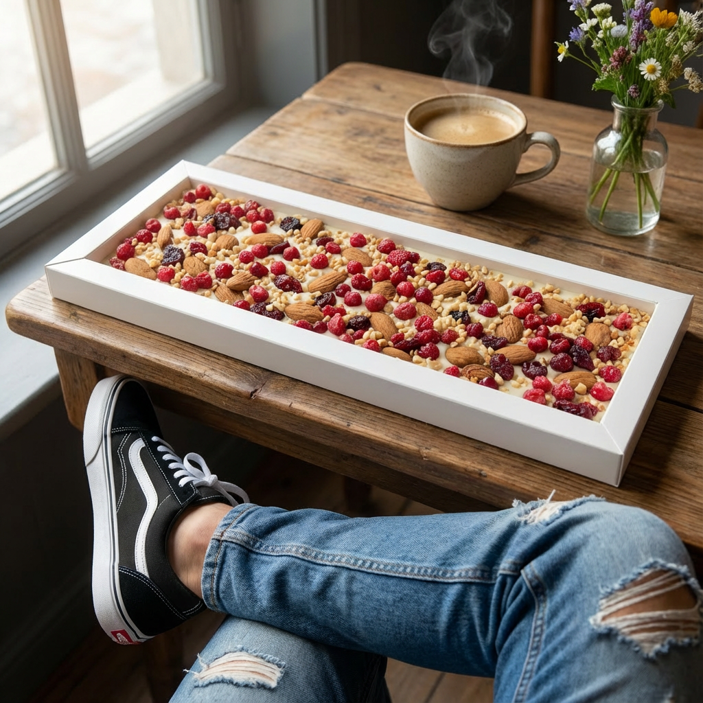 Fantasie witte chocoladereep 550 grs met stukjes amandel, cranberry, aalbes en hazelnoot