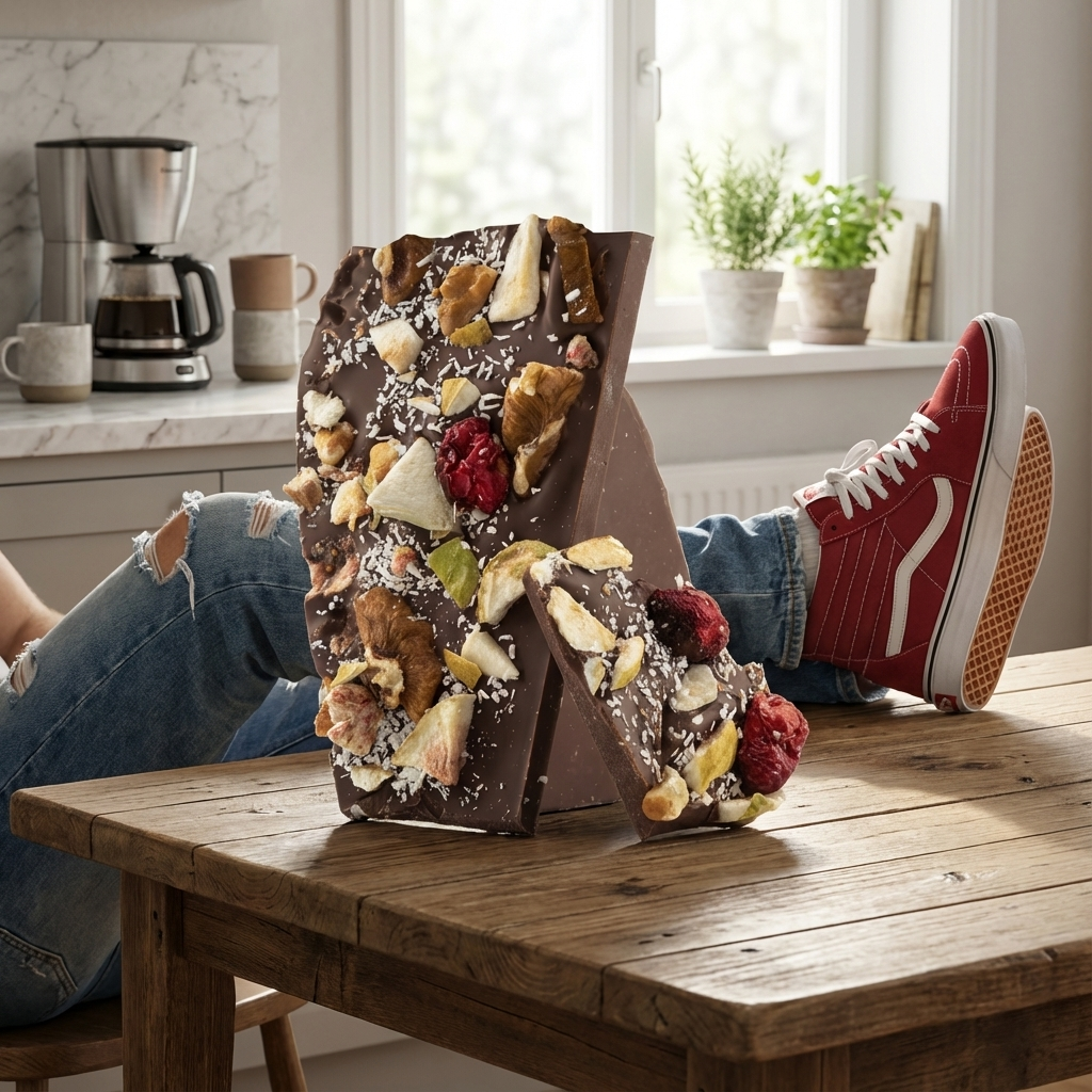 Gebroken melkchocoladerepen met vijg, citroen, cranberry, walnoot, kokosnoot