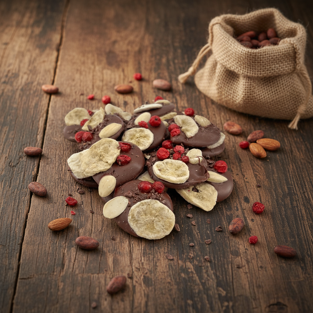 Melkchocolade mendiants met banaan, amandel en stukjes pecannoot
