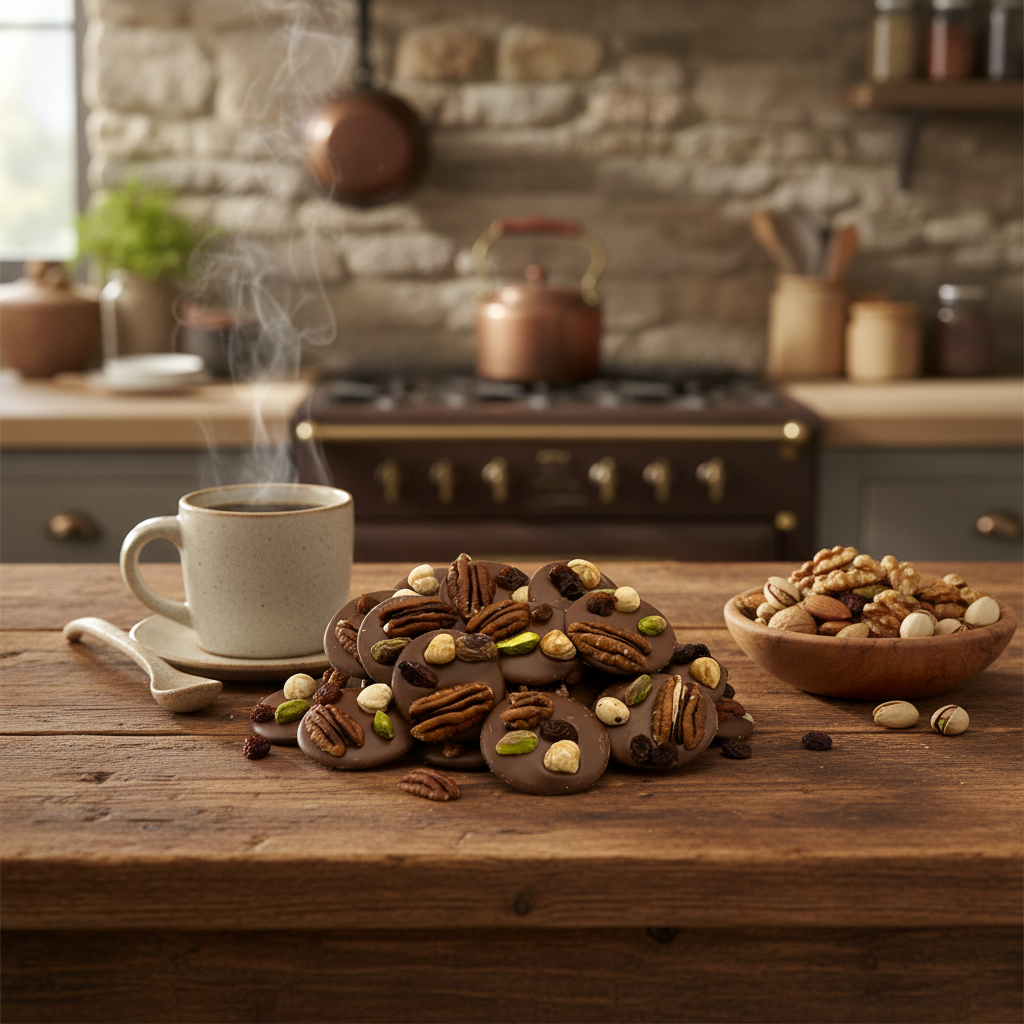 Mendiants van melkchocolade met stukjes pecannoot, pistache, rozijn en hazelnoot