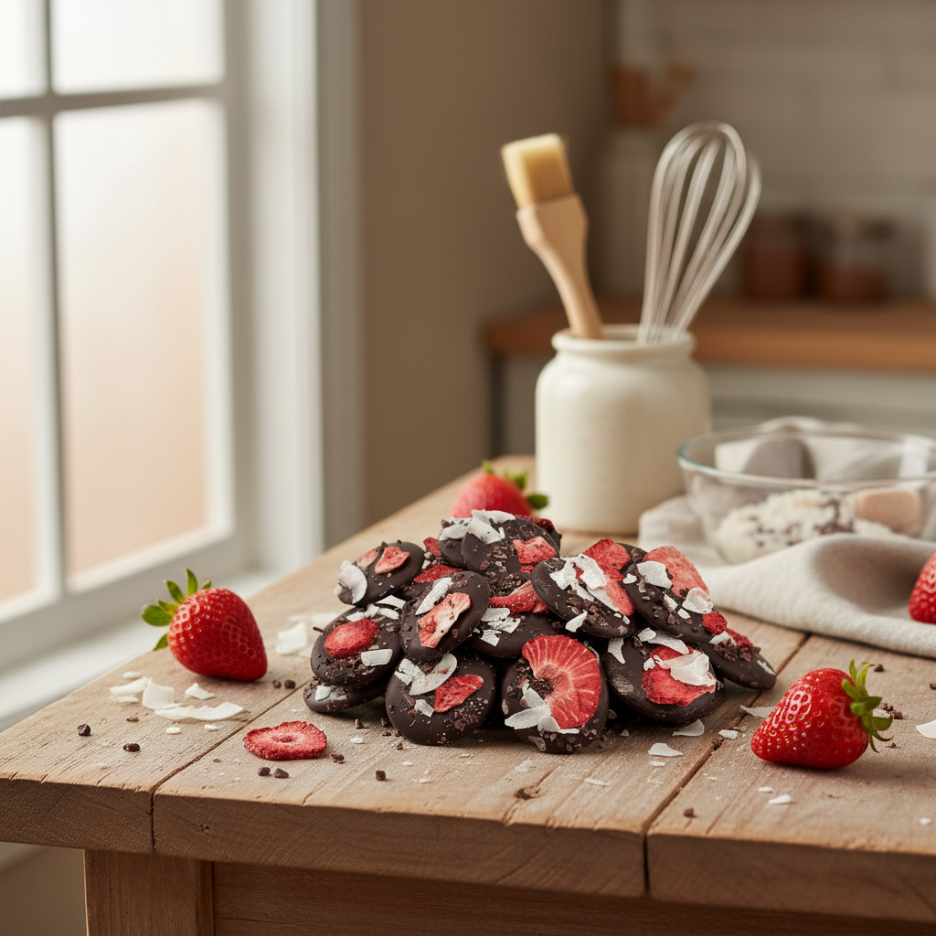 Zwarte chocolade mendiants met cacaonibs, aardbei en kokosstukjes