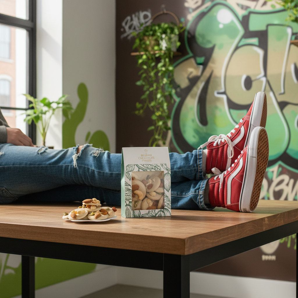 Witte chocolade mendiants met stukjes pistache, amandel, rozijnen en cashewnoten