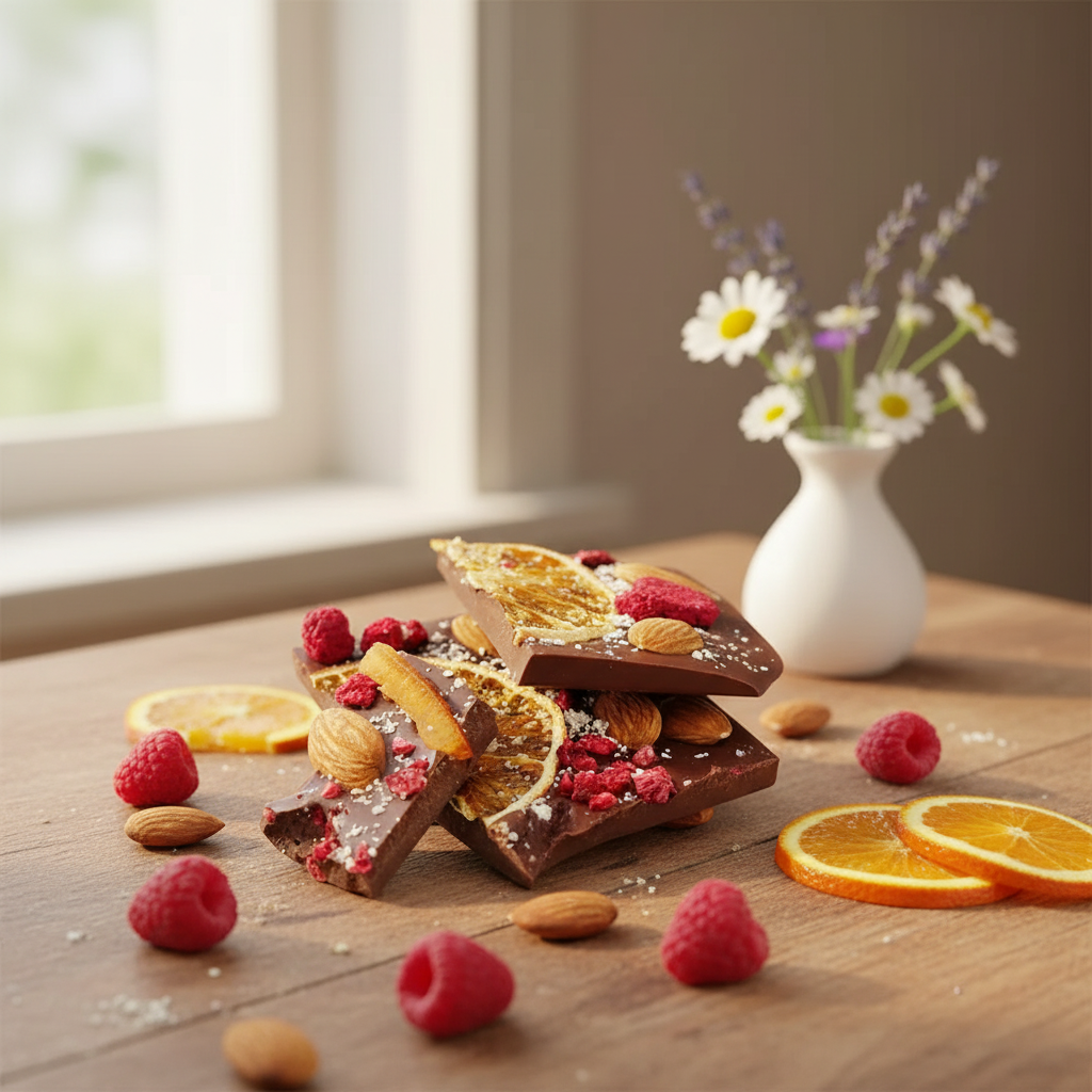 Gebroken repen pure chocolade met framboos, amandel en sinaasappel