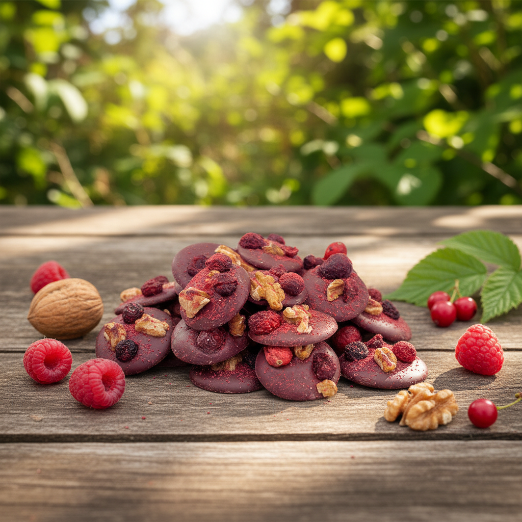 Mendiants van melkchocolade met stukjes walnoot, cranberry, zwarte bes en framboos