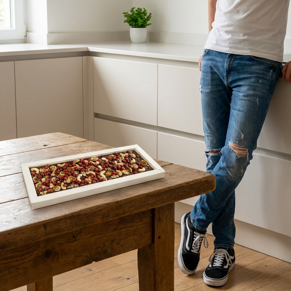 Fantasie pure chocoladereep 550 grs met cacaonibs, cashewnoten, kumquat en stukjes rode bes