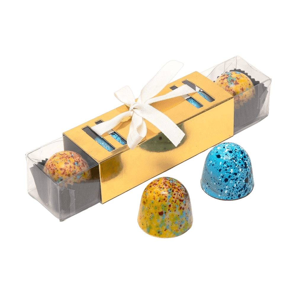 Stokje van 5 gekleurde praliné (mangue, gezouten karamel)