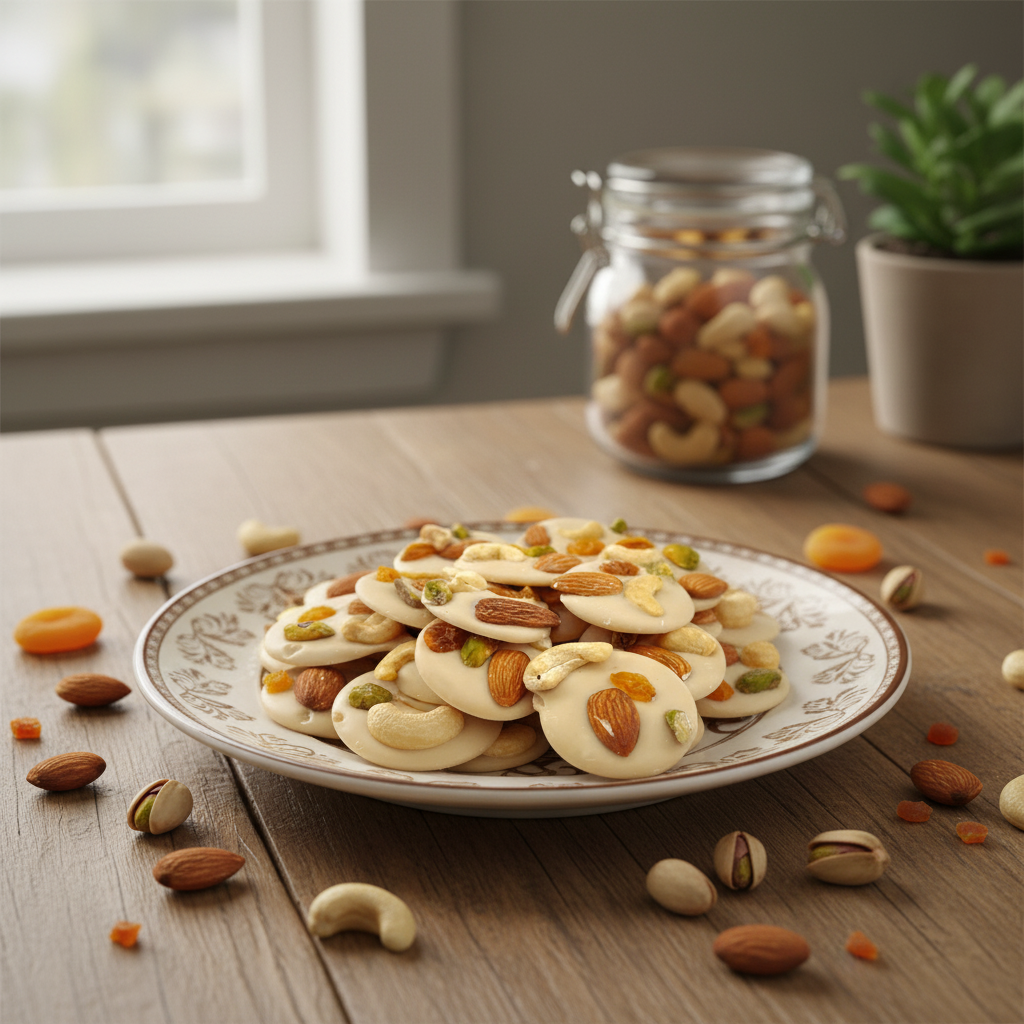 Witte chocolade mendiants met stukjes pistache, amandel, rozijnen en cashewnoten