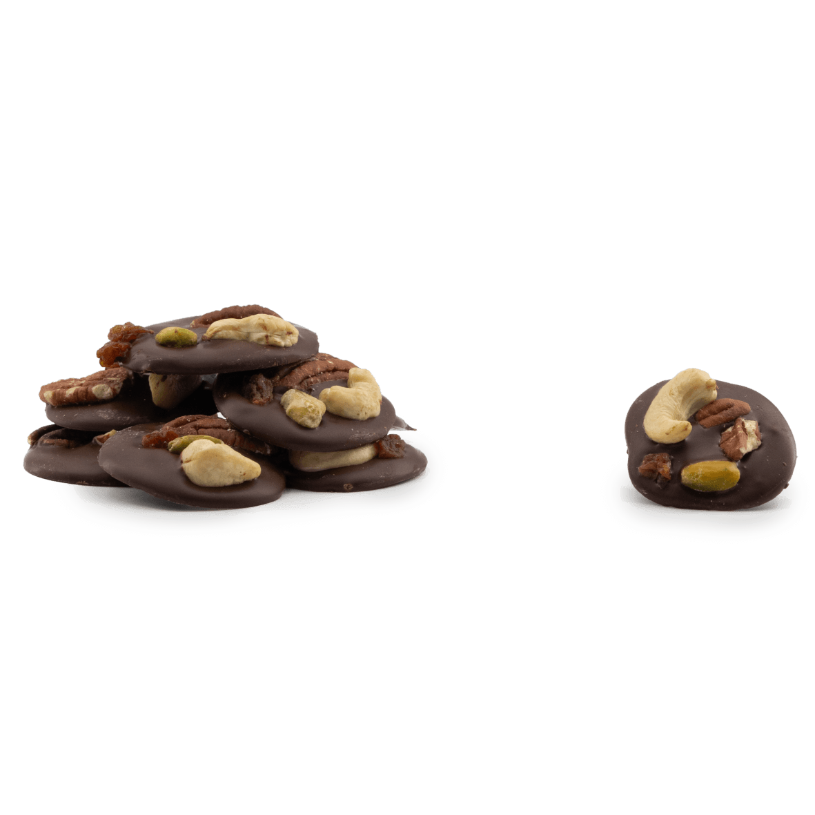 Mendiants van pure chocolade met stukjes cashew, pistache, rozijnen en pecannoten