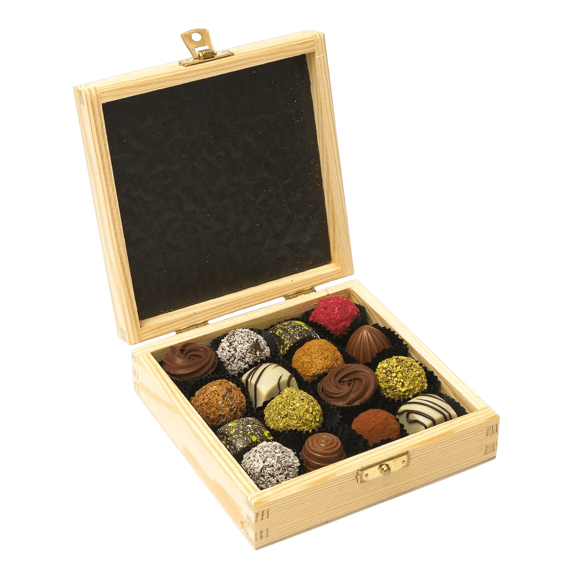 Houten geschenkdoos met 16 pralines en truffels