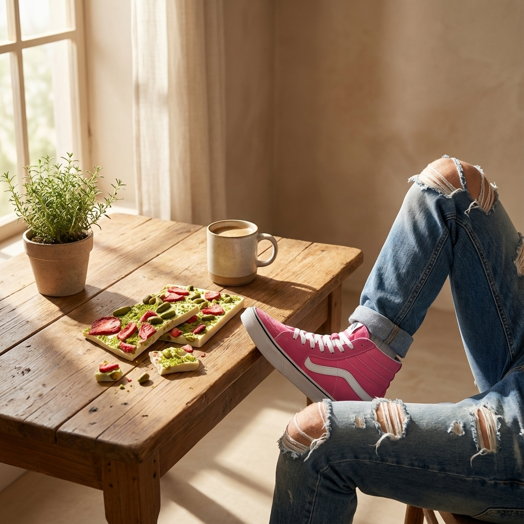 Gebroken witte chocoladerepen met aardbeien en pistachenoten