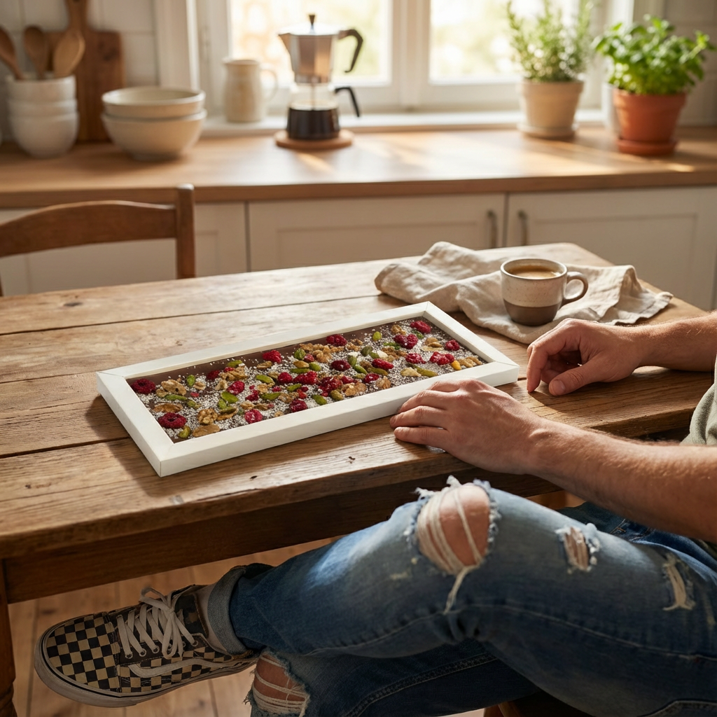 Fantasie melkchocoladereep 375 grs met walnoot, pistache, framboos en kokosstukjes