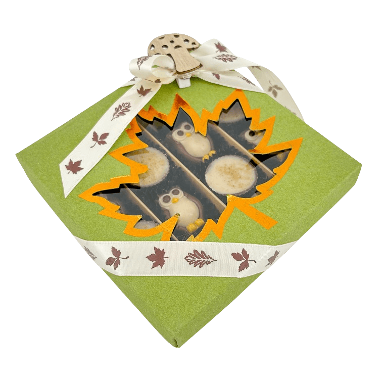Mix van herfstpralines in een groene geschenkdoos