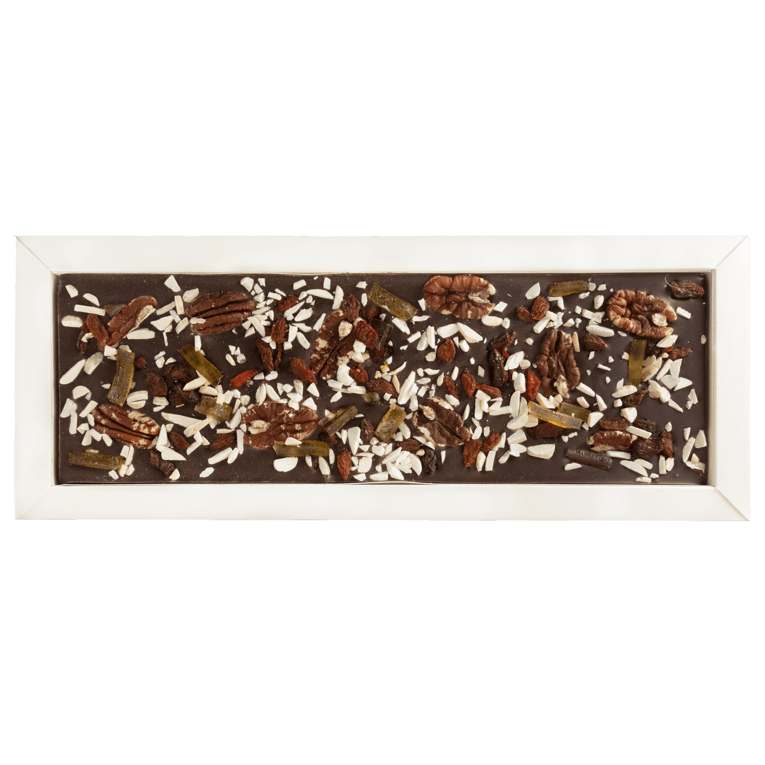 Fantasie pure chocoladereep 550 grs met stukjes pecannoot, gojibessen, citroen en amandel