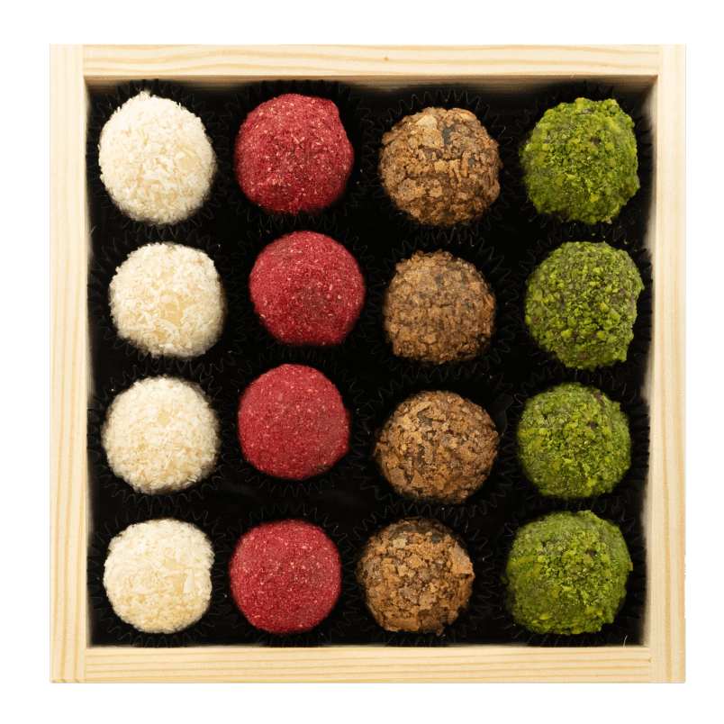 Houten geschenkdoos met 16 truffels