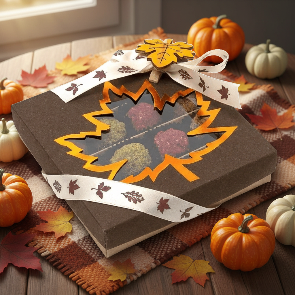 Mix van Belgische herfsttruffels in een donkerbruine geschenkdoos