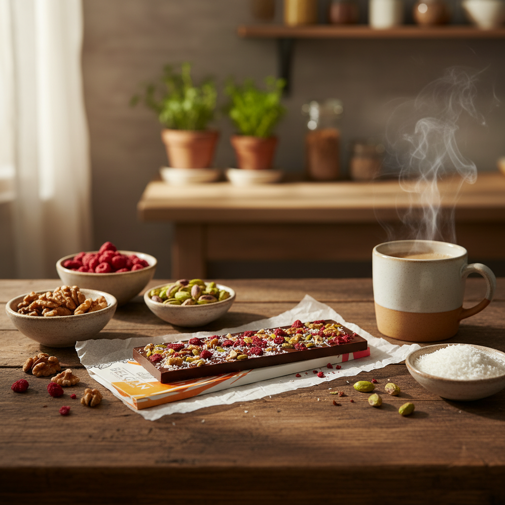 Fantasie melkchocoladereep 375 grs met walnoot, pistache, framboos en kokosstukjes