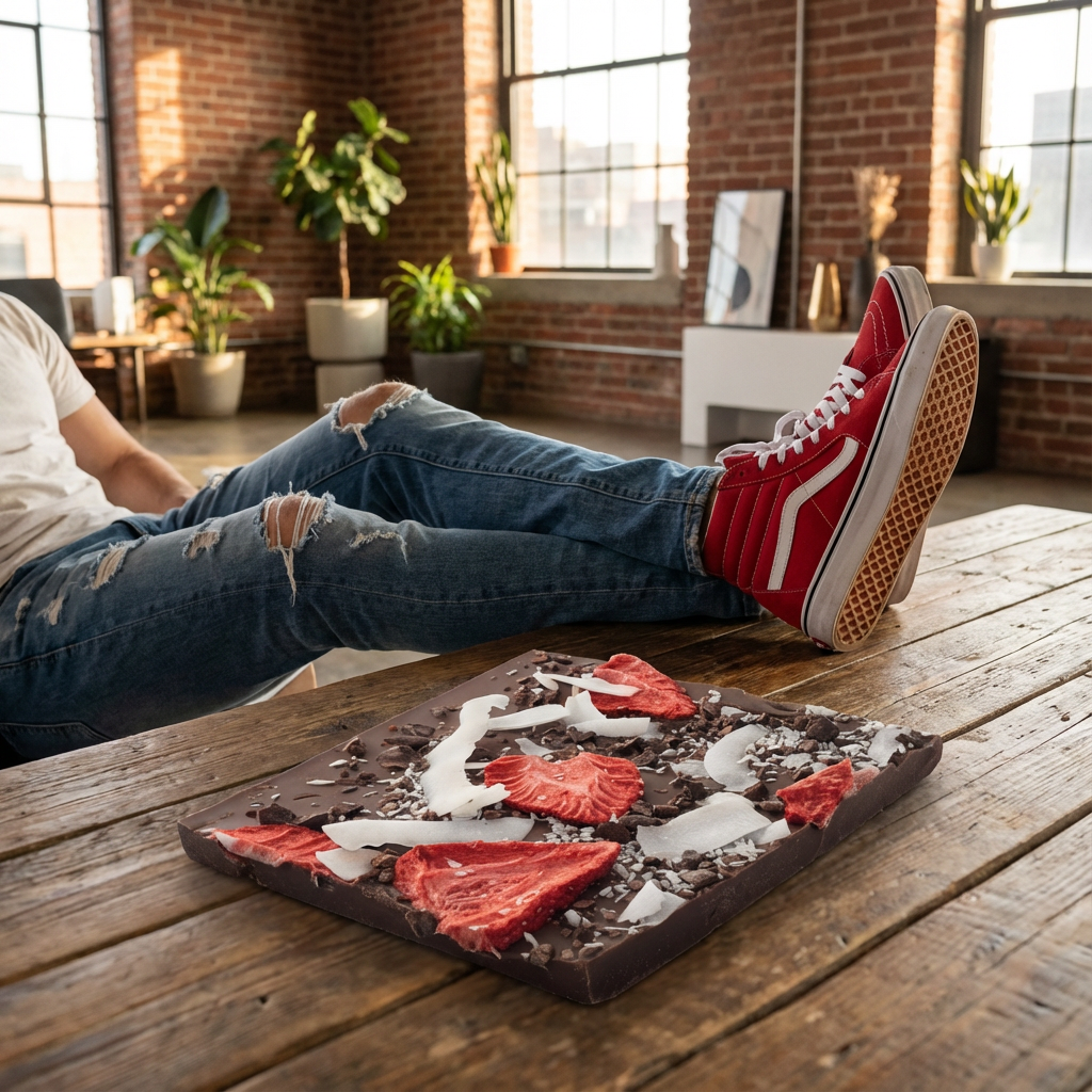 Gebroken melkchocoladerepen met kokos, aardbei, cacaonibs