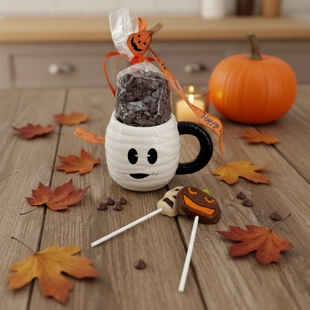 Melkchocoladedruppels in beker mummie met lolly's