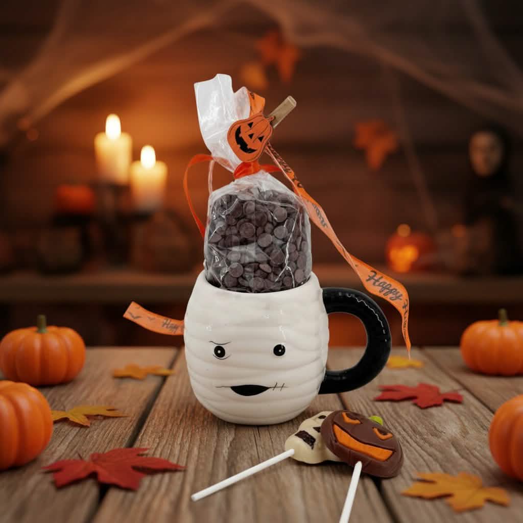 Donkere chocoladedruppels in beker mummie met lolly's