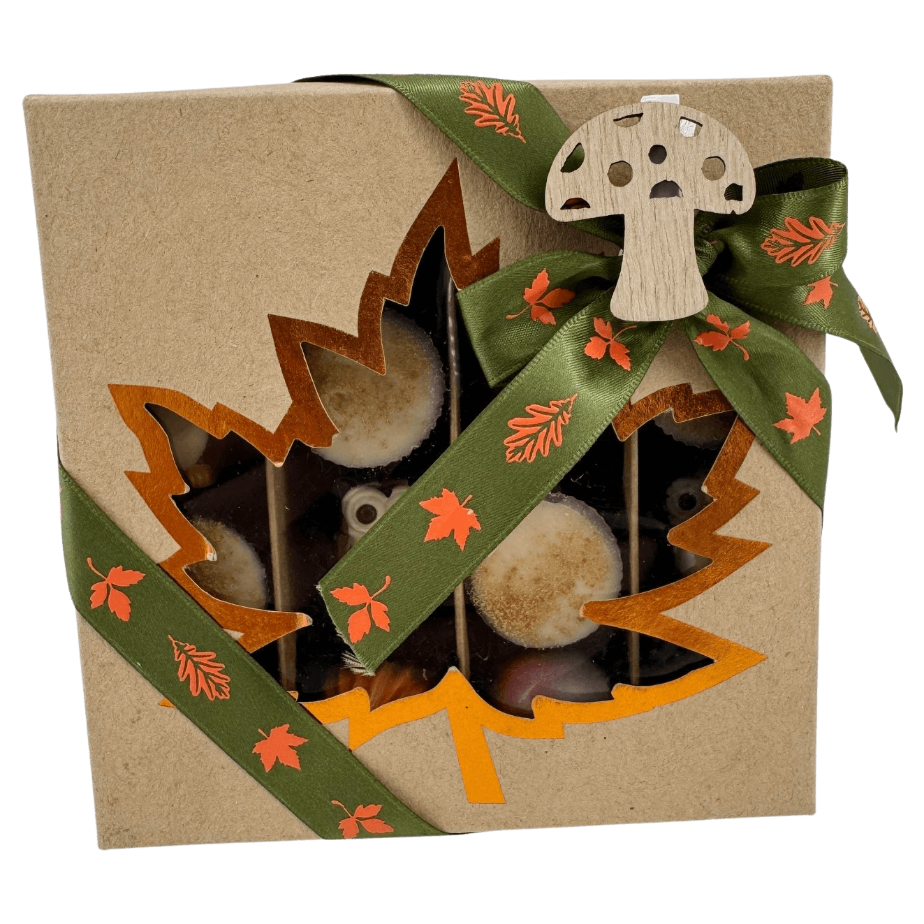 Mix van herfstpralines in een ambachtelijke geschenkdoos