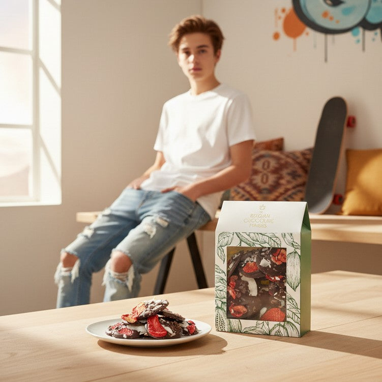 Zwarte chocolade mendiants met cacaonibs, aardbei en kokosstukjes