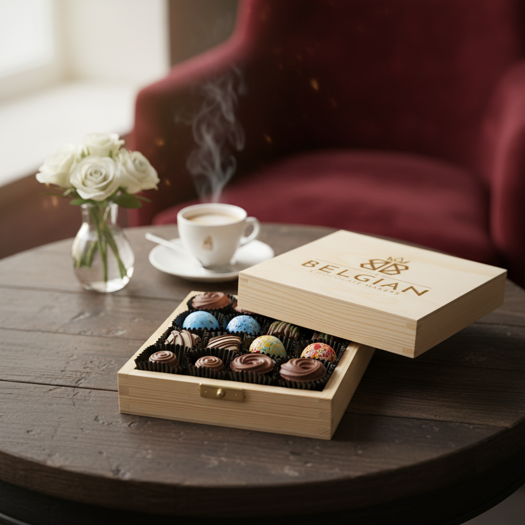 Houten geschenkdoos met 16 pralines