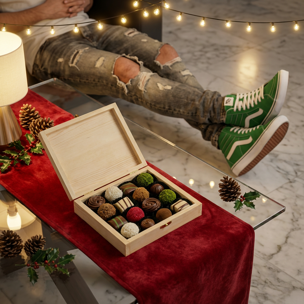 Houten geschenkdoos met 16 pralines en truffels