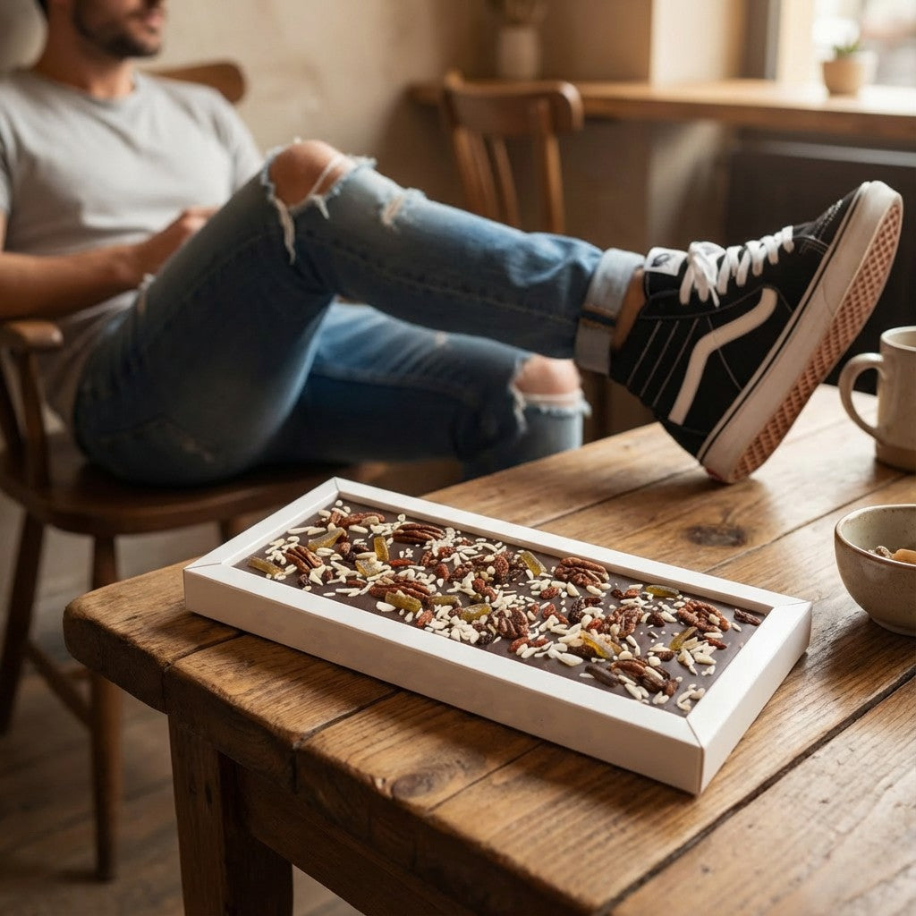 Fantasie pure chocoladereep 550 grs met stukjes pecannoot, gojibessen, citroen en amandel