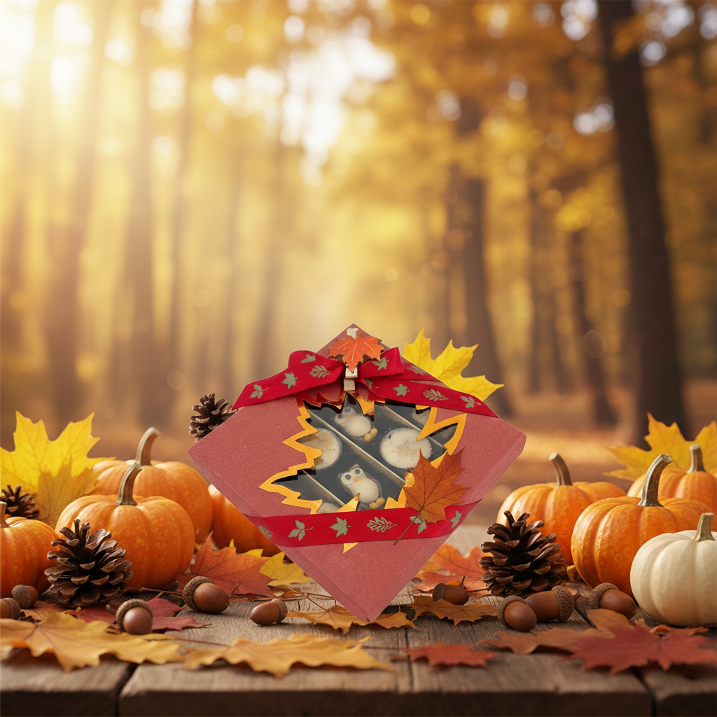 Mix van herfstpralines in een rode geschenkdoos