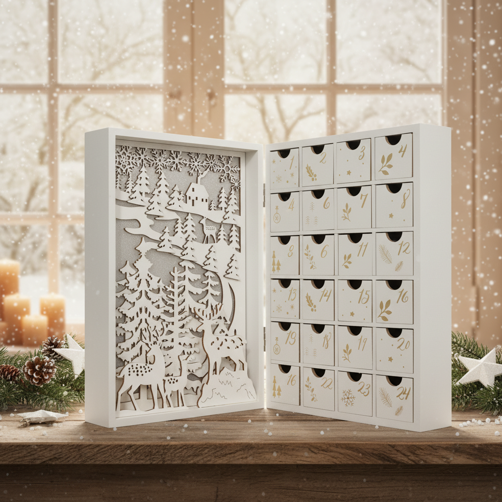 Houten verlichte adventskalender boek 24 figuurtjes
