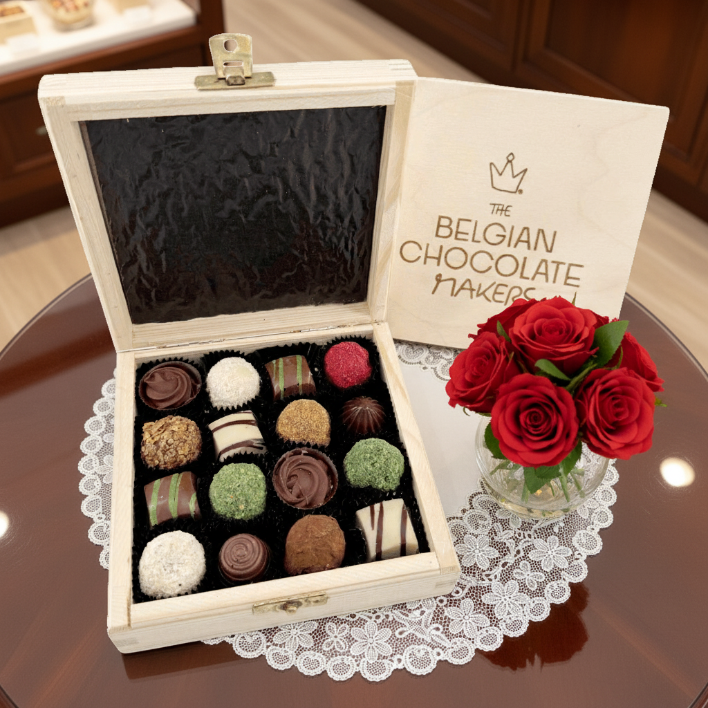 Houten geschenkdoos met 16 pralines en truffels