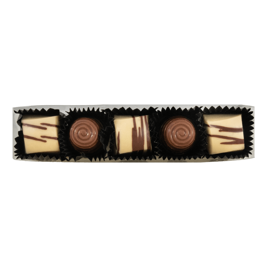 Stick van witte pralines (ganache, karamel) & melkpralines (praliné)