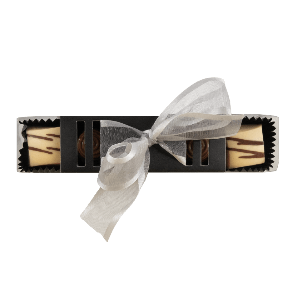 Stick van witte pralines (ganache, karamel) & melkpralines (praliné)